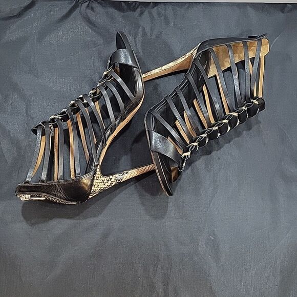 COACH JOSEY WOMEN'S BLACK LEATHER SNAKE HIGH HEELS OPEN TOE SHOES - Picture 7 of 16